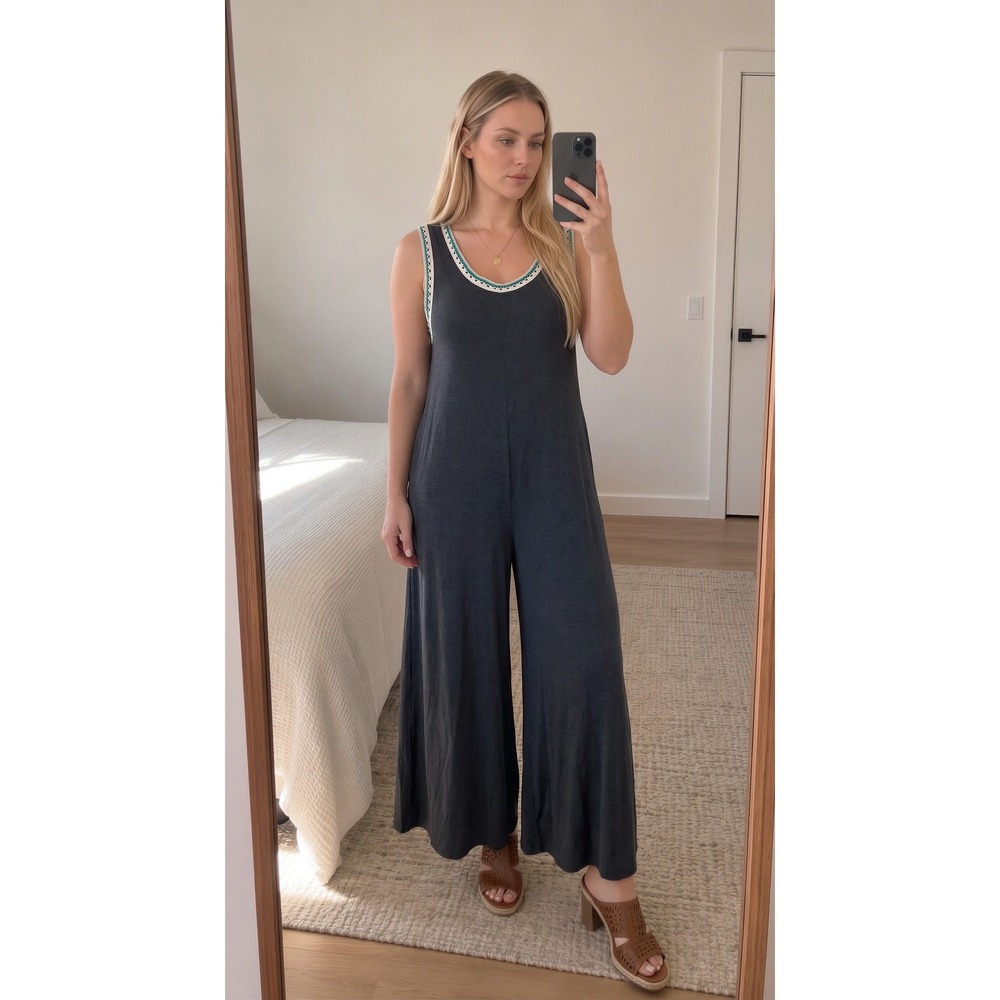 Natural Life Womens Wide Leg Jumpsuit M Gray Crochet Trim Boho Festival Hippie